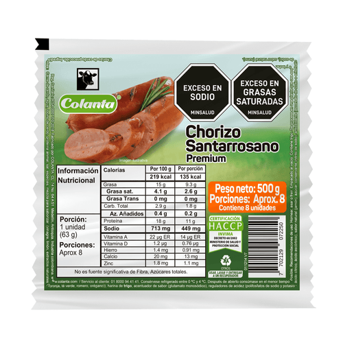 Chorizo Santarrosano Premium Colanta X 500 g