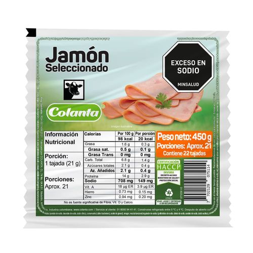 Jamón Seleccionado Colanta Tajado X 450 g