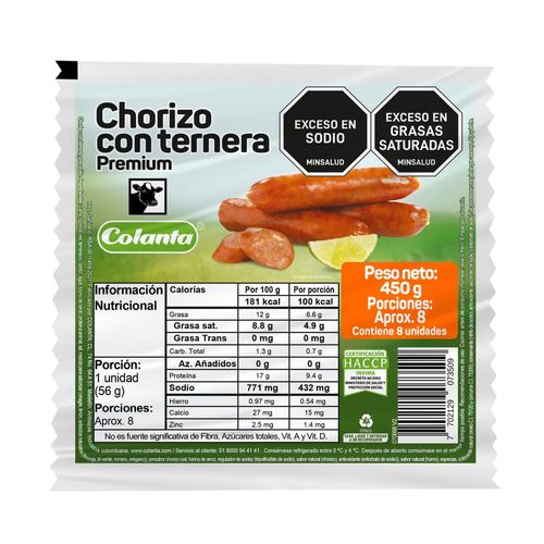 Chorizo con Ternera Premium Colanta X 450 g